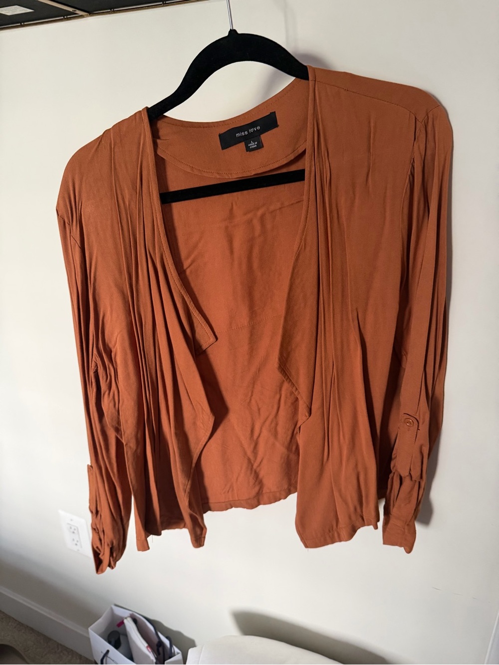 Miss Love Draped Open-Front Roll-Tab Blouse